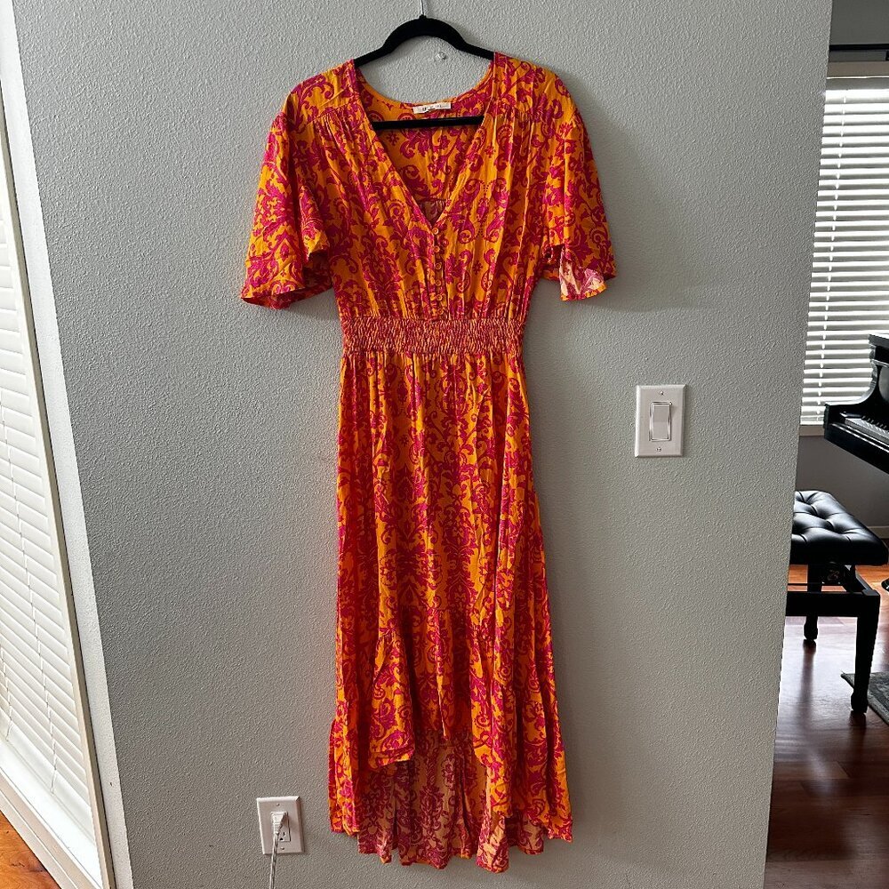 Abel The Label Midi Dress High Low Orange Pink MEDIUM Flutter Sleeves Summer